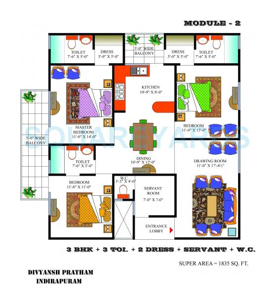 Floor plan of 3 BHK 1835 Sq. Ft. Apartment in Divyansh Pratham, Ghaziabad
