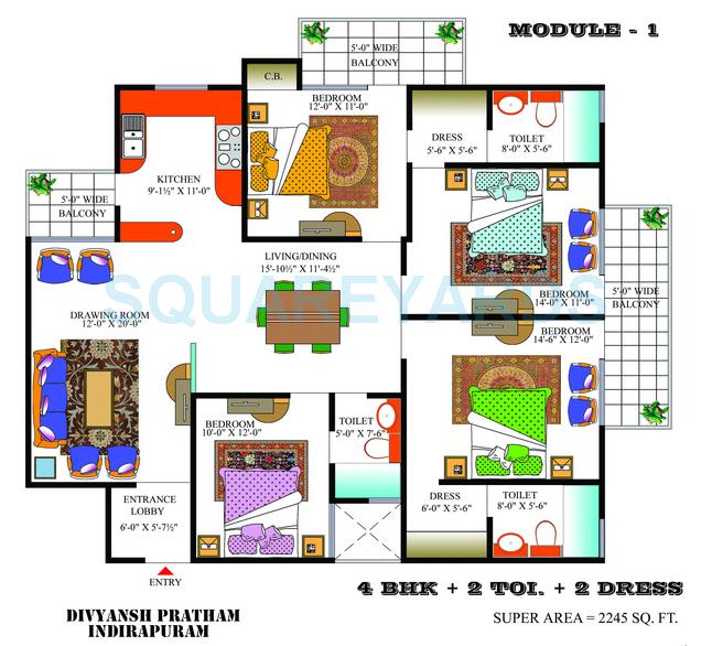 Floor plan of 4 BHK 2245 Sq. Ft. Apartment in Divyansh Pratham, Ghaziabad