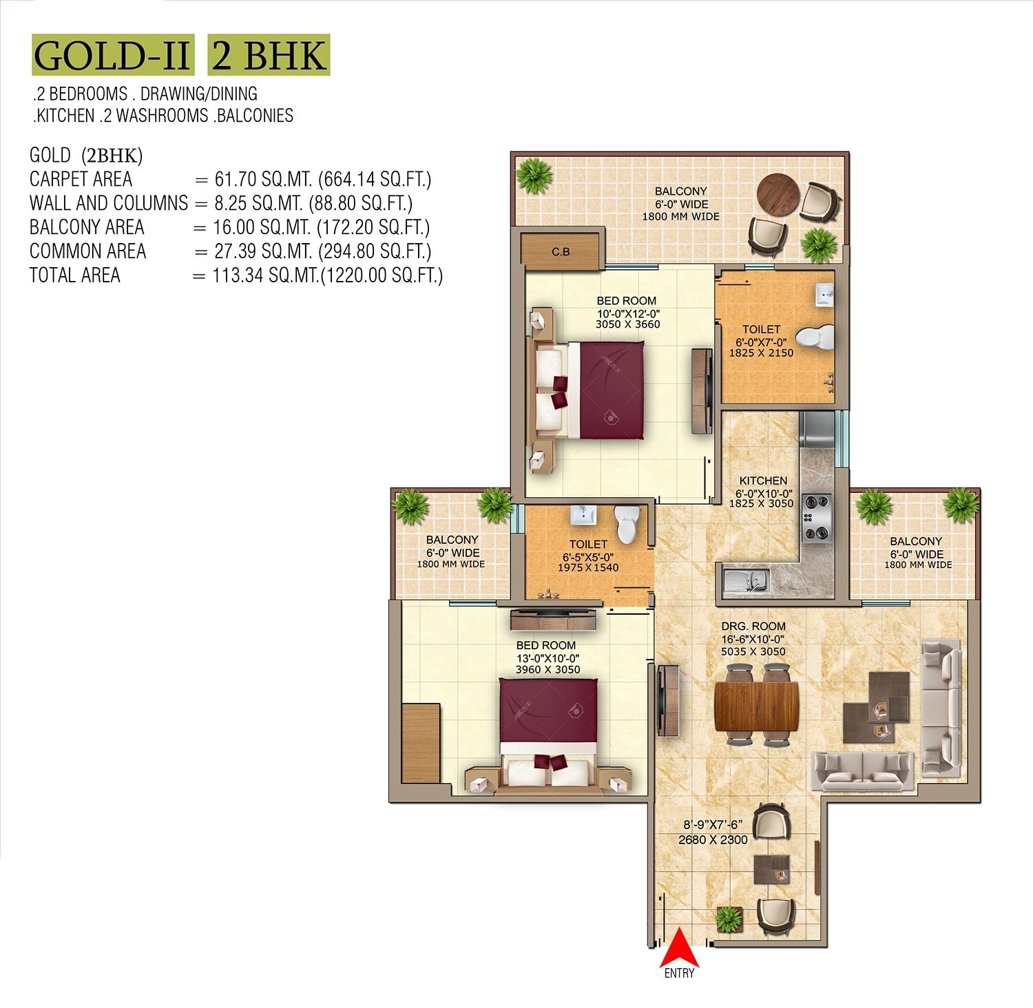 2 BHK 1220 Sq. Ft. Apartment