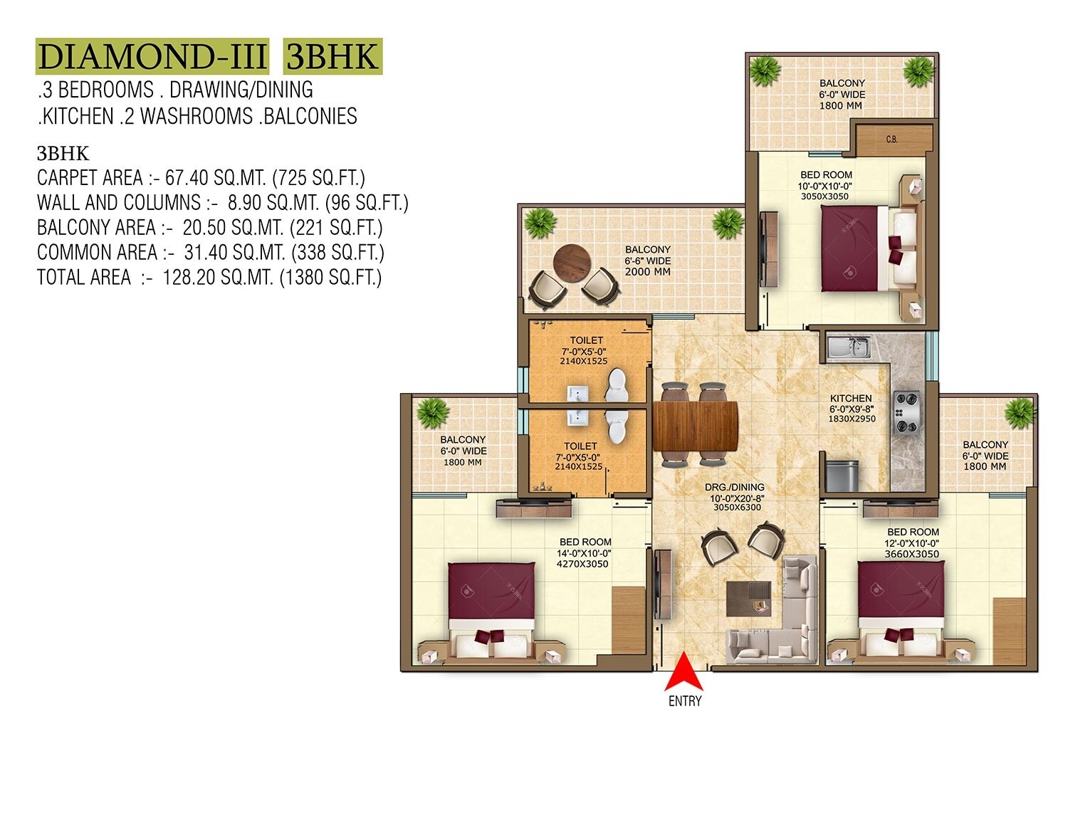 Floor plan of 3 BHK 1380 Sq. Ft. Apartment in Divyansh Skardi Greens, Ghaziabad