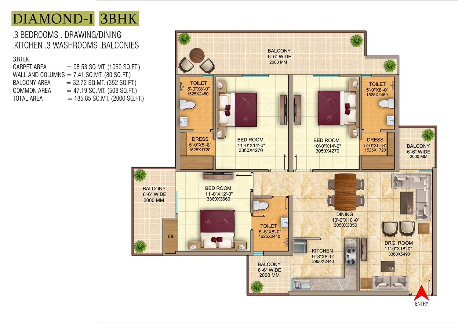 Floor plan of 3 BHK 2000 Sq. Ft. Apartment in Divyansh Skardi Greens, Ghaziabad