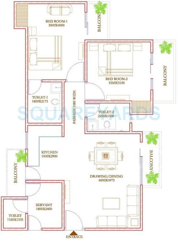 Floor plan of 2 BHK 1218 Sq. Ft. Apartment in Ecnon Twin Towers, Ghaziabad