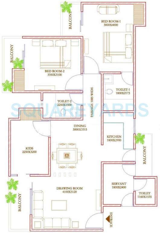 Floor plan of 2 BHK 1421 Sq. Ft. Apartment in Ecnon Twin Towers, Ghaziabad