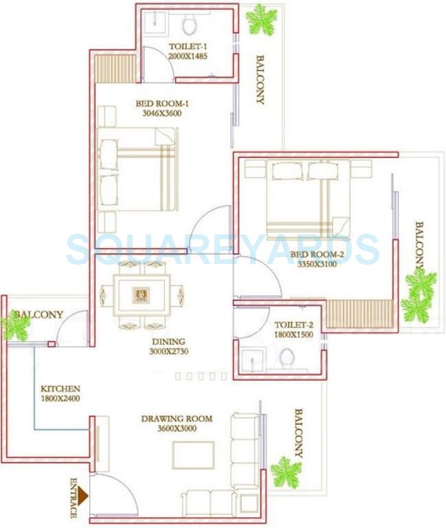 Floor plan of 2 BHK 990 Sq. Ft. Apartment in Ecnon Twin Towers, Ghaziabad