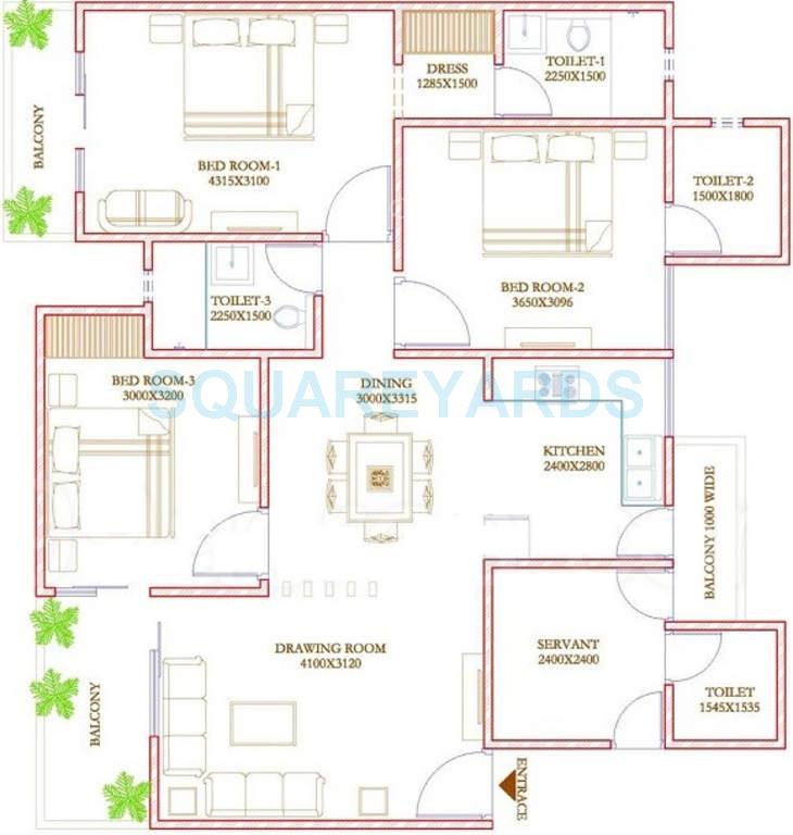Floor plan of 3 BHK 1620 Sq. Ft. Apartment in Ecnon Twin Towers, Ghaziabad