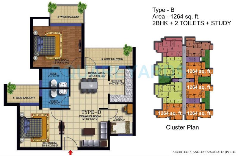 Floor plan of 2 BHK 1264 Sq. Ft. Apartment in Ekdant Dronagiri Vasundhara, Ghaziabad