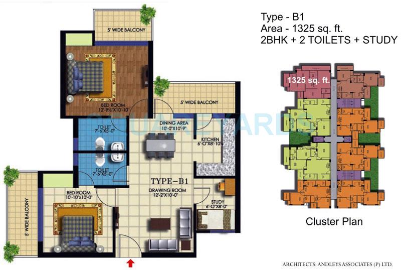 Floor plan of 2 BHK 1325 Sq. Ft. Apartment in Ekdant Dronagiri Vasundhara, Ghaziabad