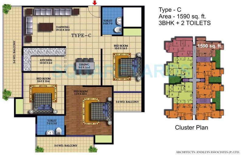 Floor plan of 3 BHK 1590 Sq. Ft. Apartment in Ekdant Dronagiri Vasundhara, Ghaziabad