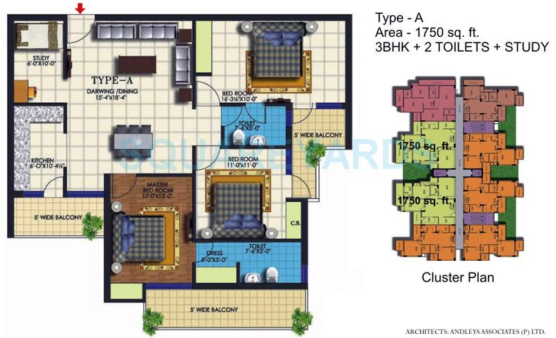 Floor plan of 3 BHK 1750 Sq. Ft. Apartment in Ekdant Dronagiri Vasundhara, Ghaziabad