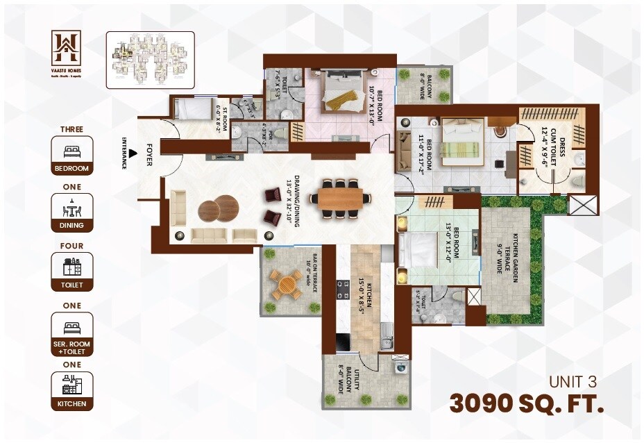 Floor plan of 3 BHK 3090 Sq. Ft. Apartment in Envyrons Vaastu Homes, Ghaziabad
