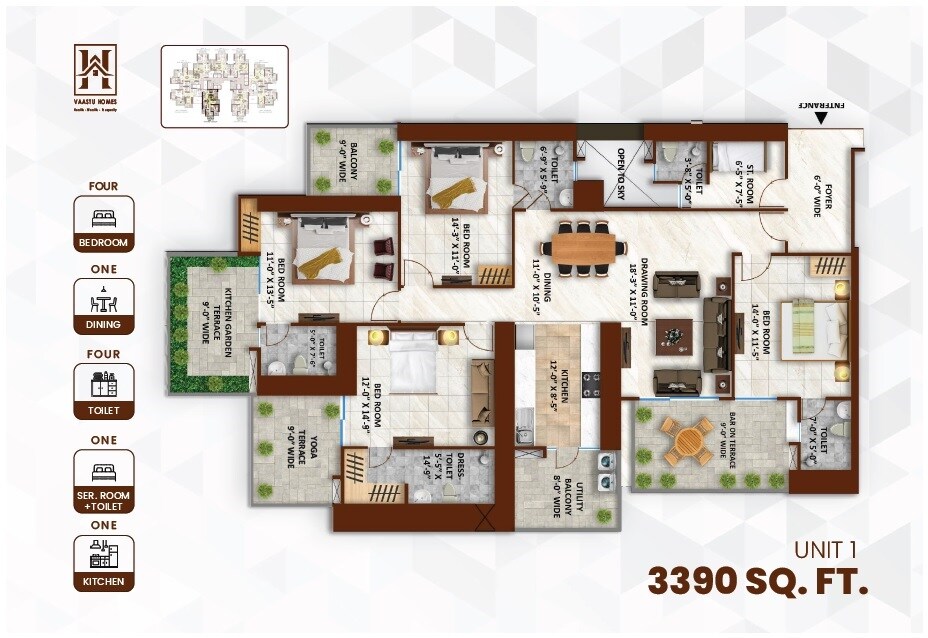 Floor plan of 4 BHK 3390 Sq. Ft. Apartment in Envyrons Vaastu Homes, Ghaziabad