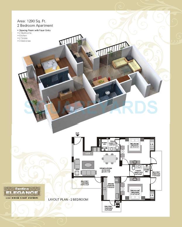 Floor plan of 2 BHK 1290 Sq. Ft. Apartment in Exotica Elegance, Ghaziabad