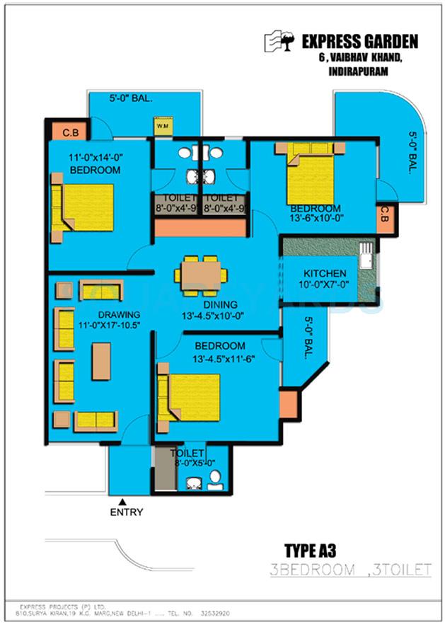 Floor plan of 3 BHK 1650 Sq. Ft. Apartment in Express Garden, Ghaziabad
