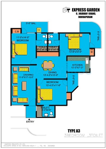  3 BHK Apartment at Express Garden, Vaibhav Khand – for Rent