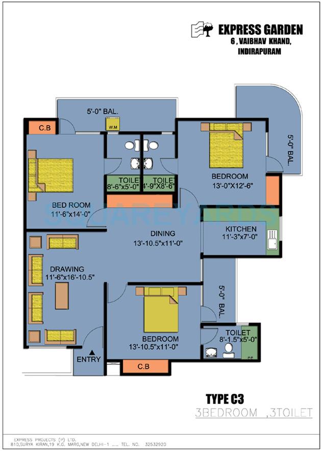 Floor plan of 3 BHK 1790 Sq. Ft. Apartment in Express Garden, Ghaziabad