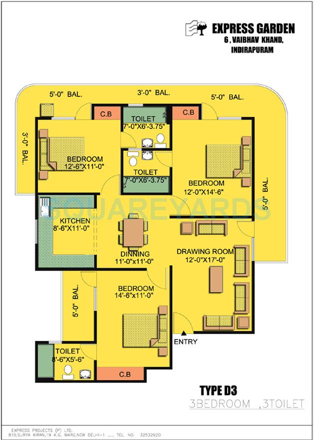 Floor plan of 3 BHK 1870 Sq. Ft. Apartment in Express Garden, Ghaziabad