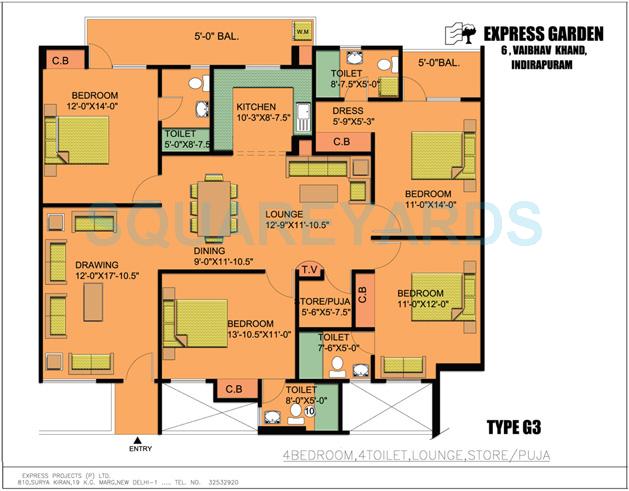 Floor plan of 4 BHK 2175 Sq. Ft. Apartment in Express Garden, Ghaziabad
