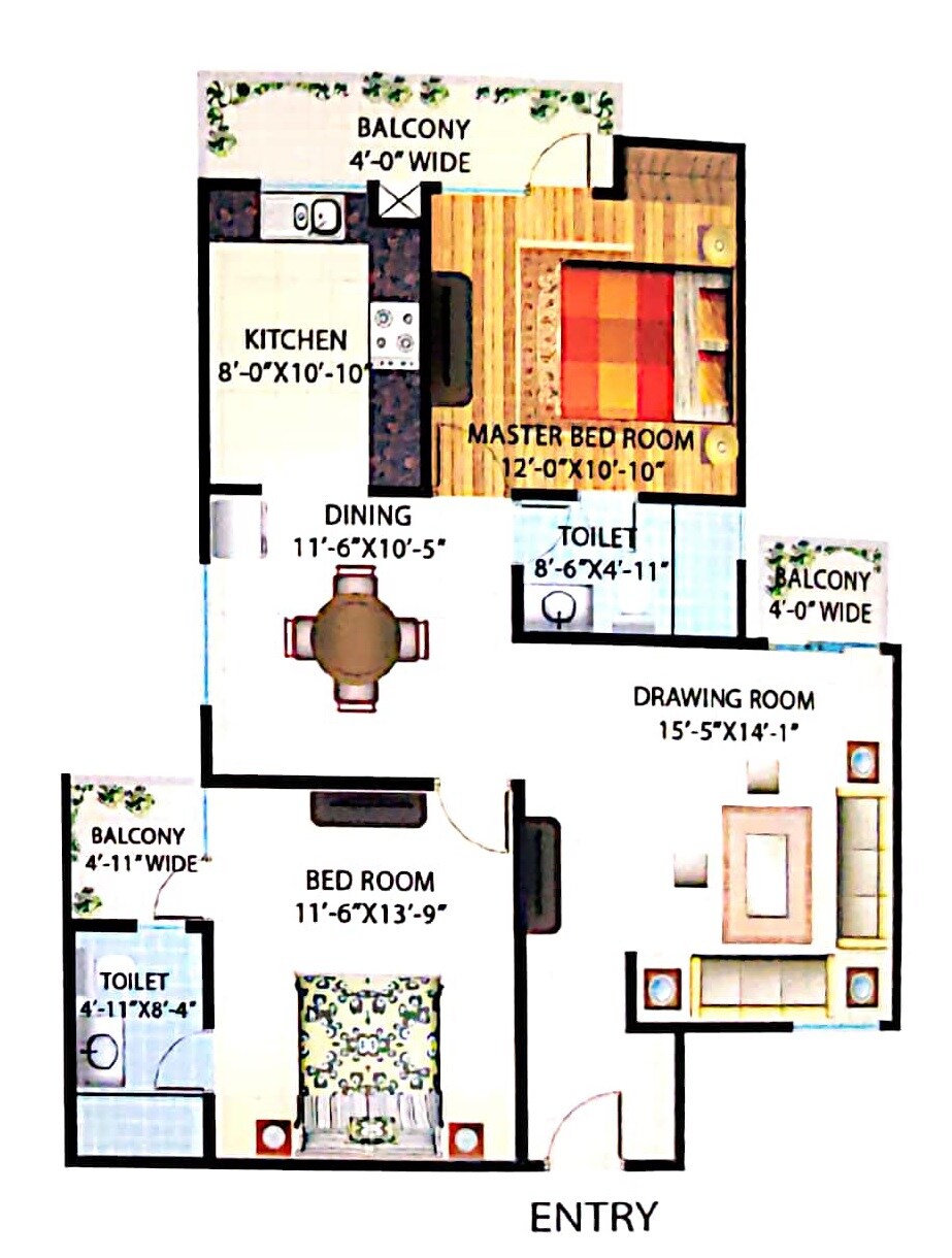 Floor plan of 2 BHK 1270 Sq. Ft. Apartment in Express Greens, Ghaziabad