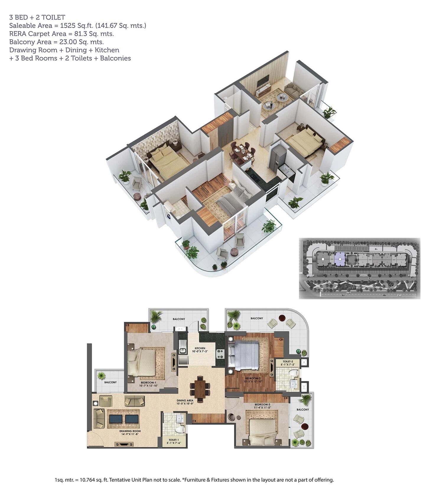 Floor plan of 3 BHK 1525 Sq. Ft. Apartment in Express One, Ghaziabad