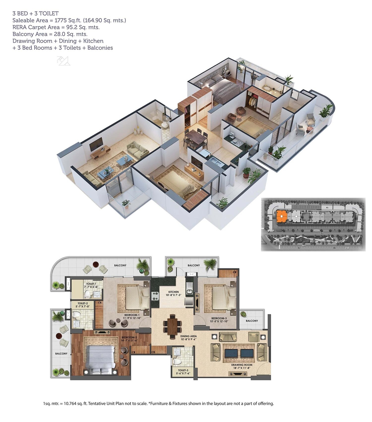 Floor plan of 3 BHK 1775 Sq. Ft. Apartment in Express One, Ghaziabad