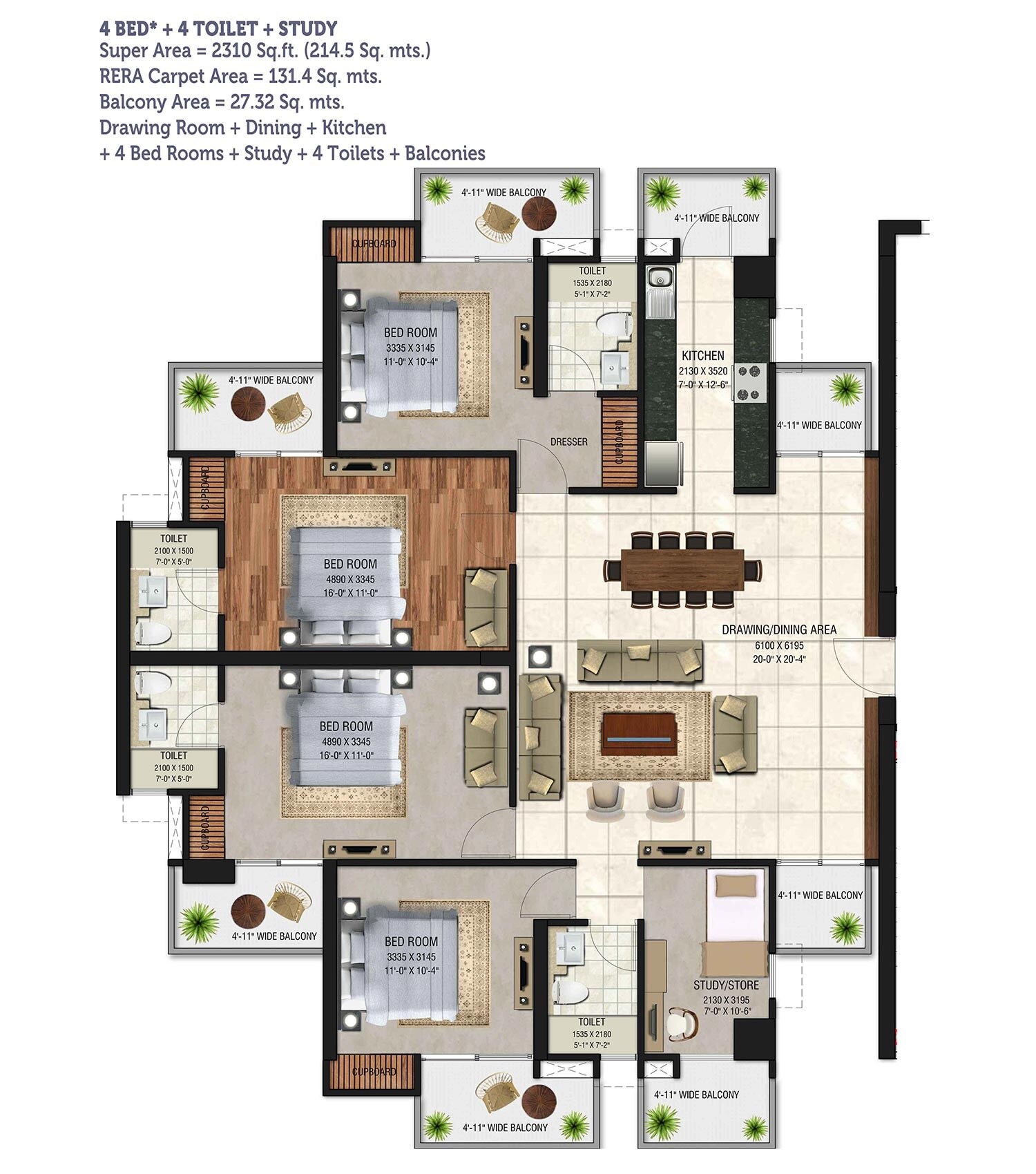 Floor plan of 4 BHK 2310 Sq. Ft. Apartment in Express One, Ghaziabad