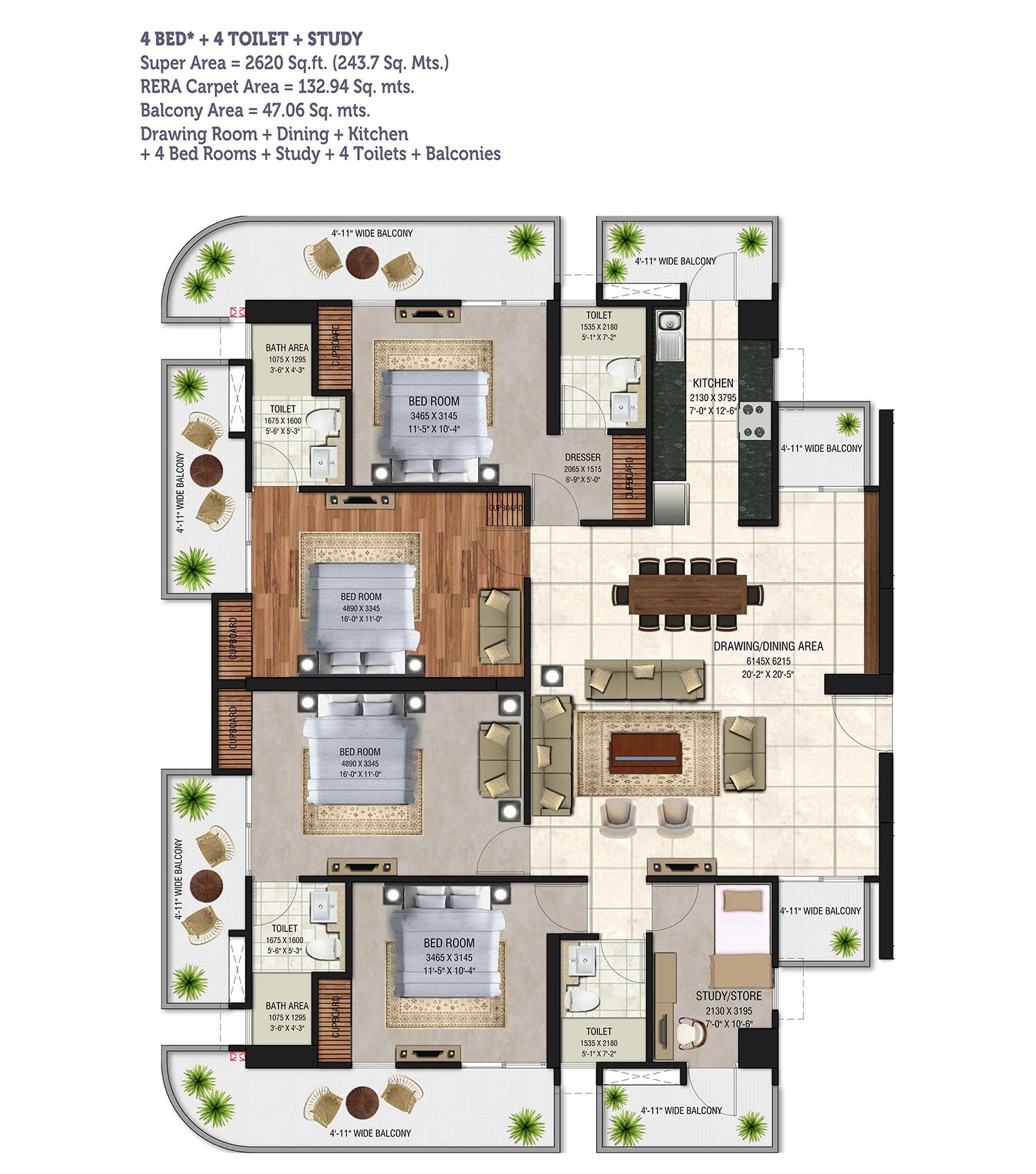 Floor plan of 4 BHK 2620 Sq. Ft. Apartment in Express One, Ghaziabad