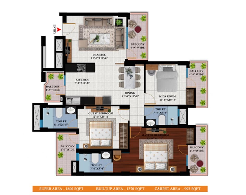 Floor plan of 3 BHK 1800 Sq. Ft. Apartment in Forever Prabhat Heights, Ghaziabad
