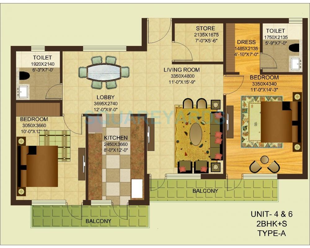 Floor plan of 2 BHK 1400 Sq. Ft. Apartment in Gardenia Gitanjali, Ghaziabad