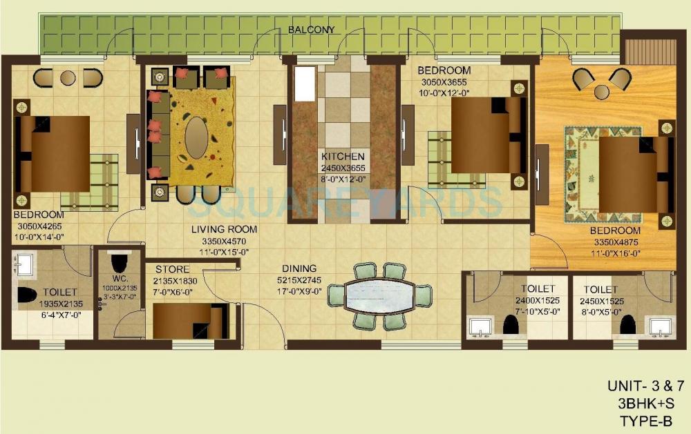 Floor plan of 3 BHK 1650 Sq. Ft. Apartment in Gardenia Gitanjali, Ghaziabad