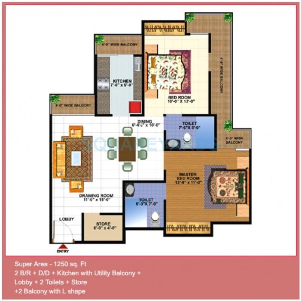 Floor plan of 2 BHK 1250 Sq. Ft. Apartment in Gardenia Glamour, Ghaziabad