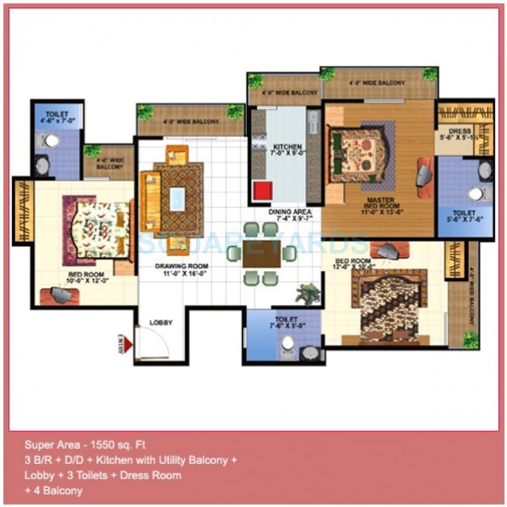 Floor plan of 3 BHK 1550 Sq. Ft. Apartment in Gardenia Glamour, Ghaziabad