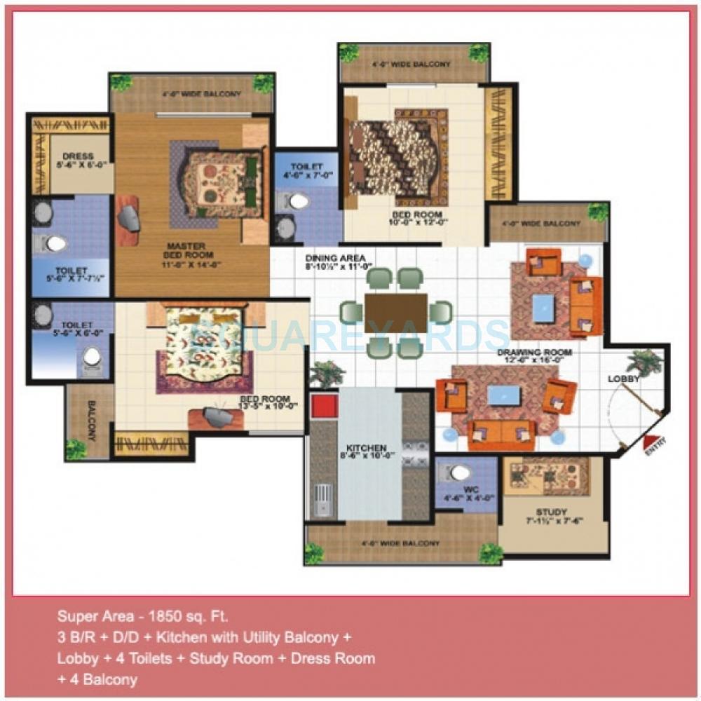 Floor plan of 3 BHK 1850 Sq. Ft. Apartment in Gardenia Glamour, Ghaziabad