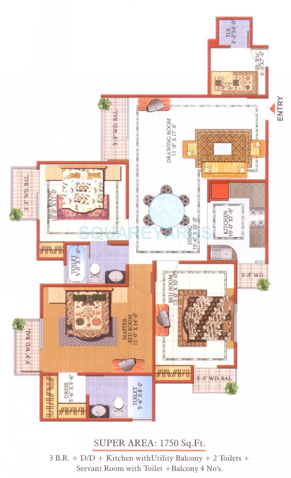 Floor plan of 3 BHK 1750 Sq. Ft. Apartment in Gardenia Greens, Ghaziabad