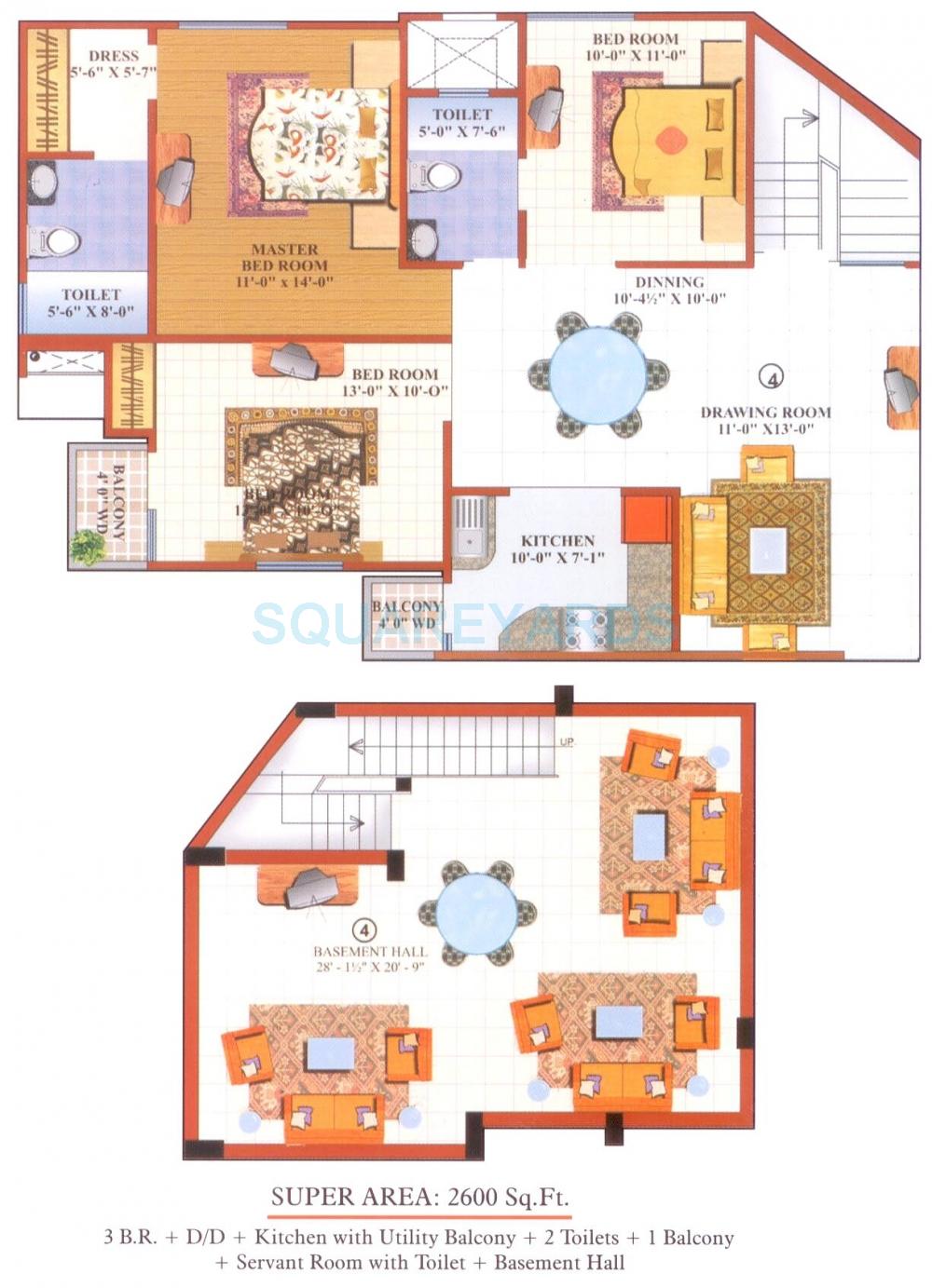 Floor plan of 3 BHK 2600 Sq. Ft. Apartment in Gardenia Greens, Ghaziabad
