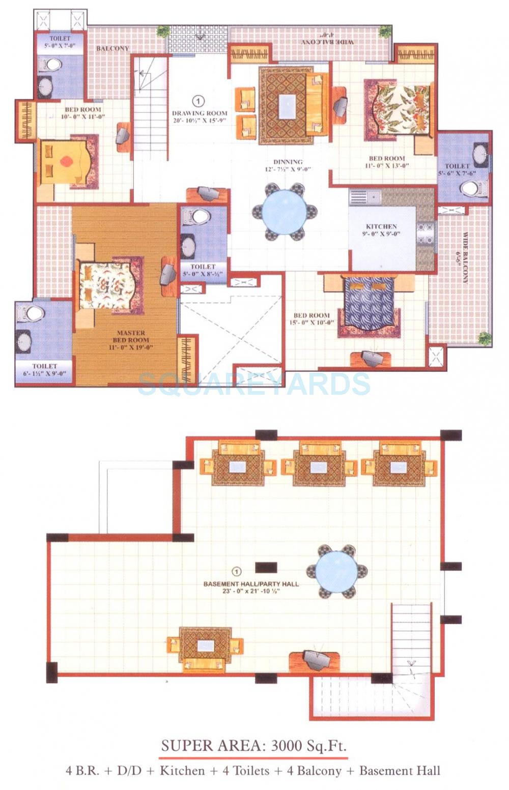 Floor plan of 4 BHK 3000 Sq. Ft. Apartment in Gardenia Greens, Ghaziabad