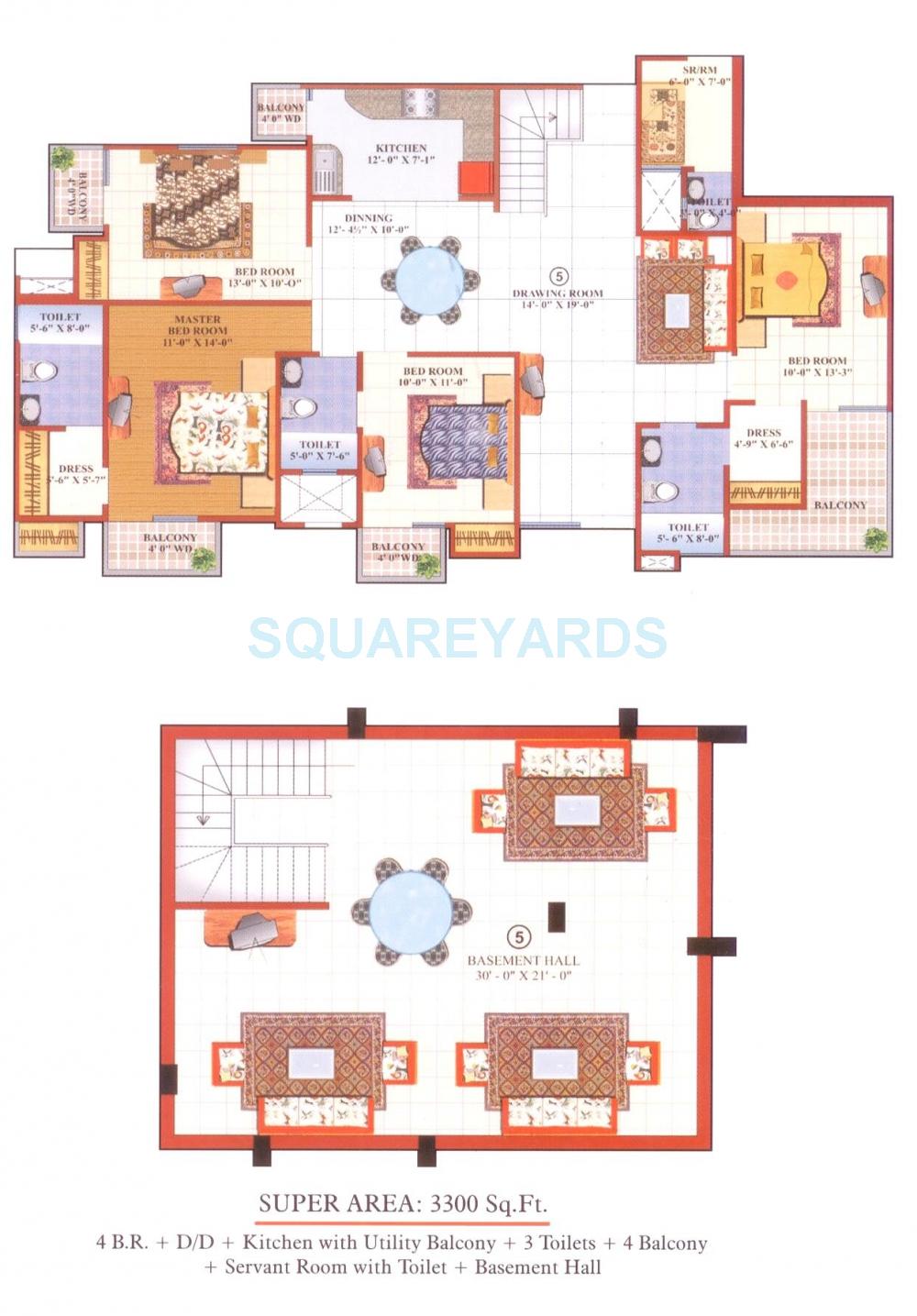 Floor plan of 4 BHK 3300 Sq. Ft. Apartment in Gardenia Greens, Ghaziabad