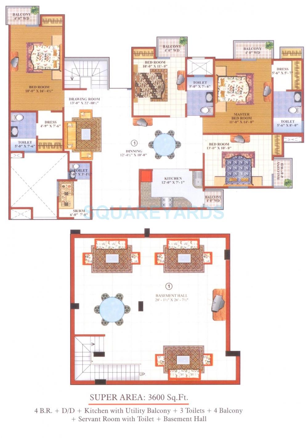 Floor plan of 4 BHK 3600 Sq. Ft. Apartment in Gardenia Greens, Ghaziabad