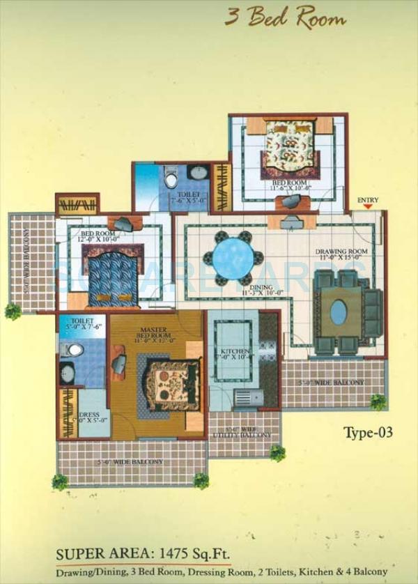 Floor plan of 3 BHK 1475 Sq. Ft. Apartment in Gardenia Square I, Ghaziabad