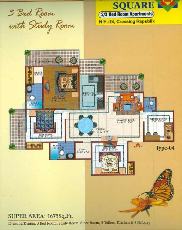 Floor plan of 3 BHK 1675 Sq. Ft. Apartment in Gardenia Square I, Ghaziabad