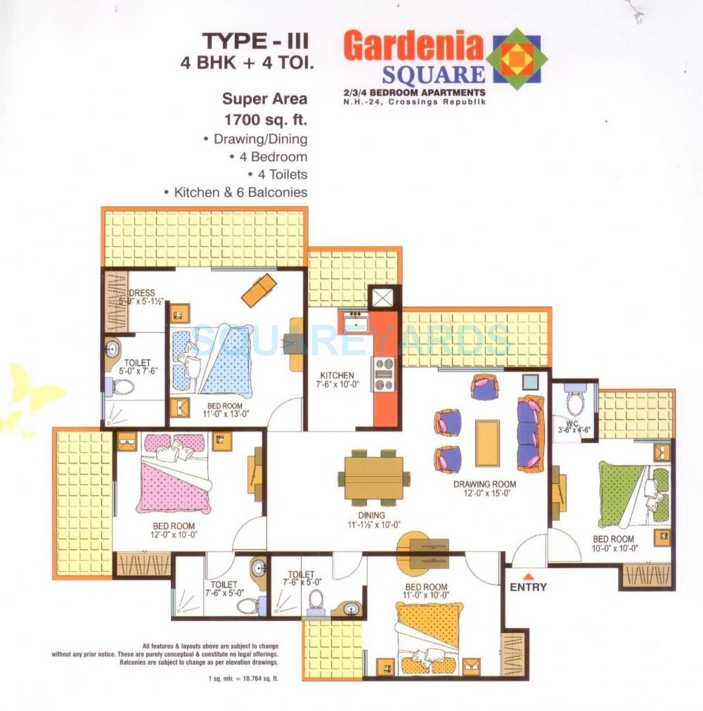 Floor plan of 4 BHK 1700 Sq. Ft. Apartment in Gardenia Square 2, Ghaziabad