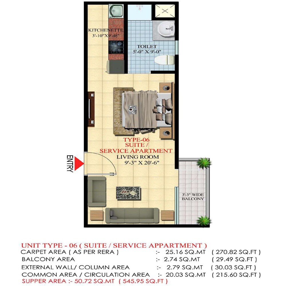 Floor plan of 545 Sq. Ft. Studio in Garg Global City Walk, Ghaziabad