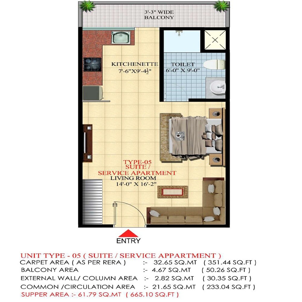Floor plan of 665 Sq. Ft. Studio in Garg Global City Walk, Ghaziabad