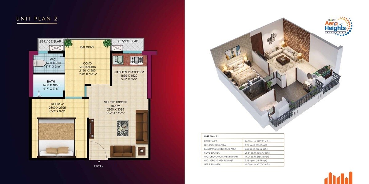 Floor plan of 1 BHK 527 Sq. Ft. Apartment in Gaur Aero Heights, Ghaziabad