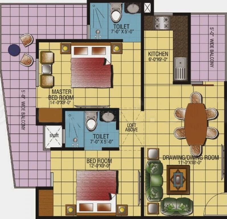 Floor plan of 2 BHK 1100 Sq. Ft. Apartment in Gaur Ganga I, Ghaziabad
