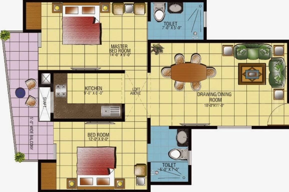 Floor plan of 2 BHK 985 Sq. Ft. Apartment in Gaur Ganga I, Ghaziabad