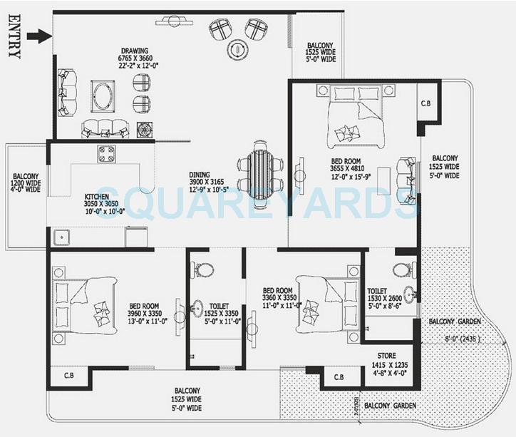 Floor plan of 3 BHK 2000 Sq. Ft. Apartment in Gaur Valerio, Ghaziabad