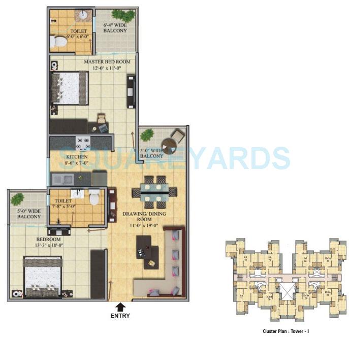 Floor plan of 2 BHK Apartment - 619 sq. ft. in Gaurs Cascades, Ghaziabad