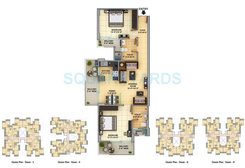 Floor plan of 2 BHK Apartment - 726 sq. ft. in Gaurs Cascades, Ghaziabad