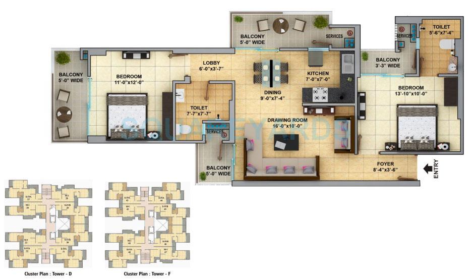 Floor plan of 2 BHK Apartment - 694 sq. ft. in Gaurs Cascades, Ghaziabad