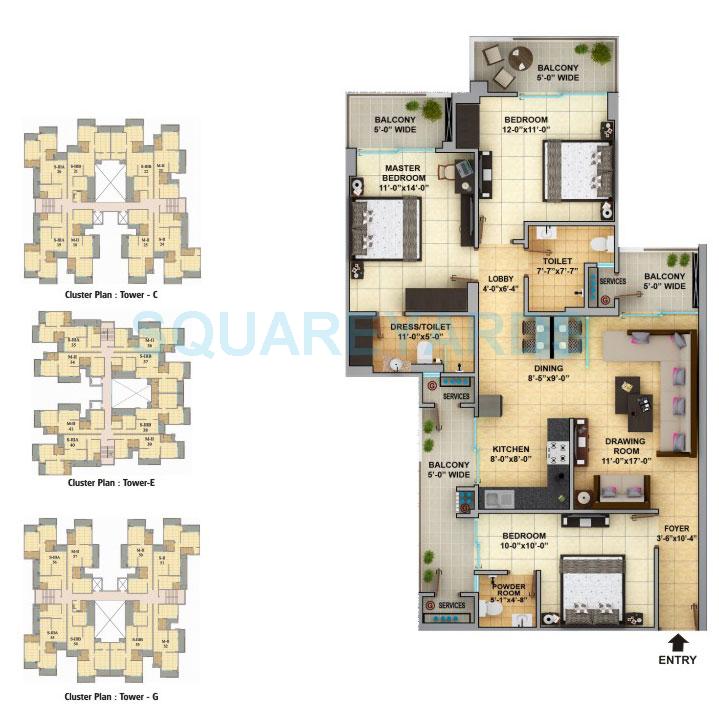 Floor plan of 3 BHK Apartment - 909 sq. ft. in Gaurs Cascades, Ghaziabad